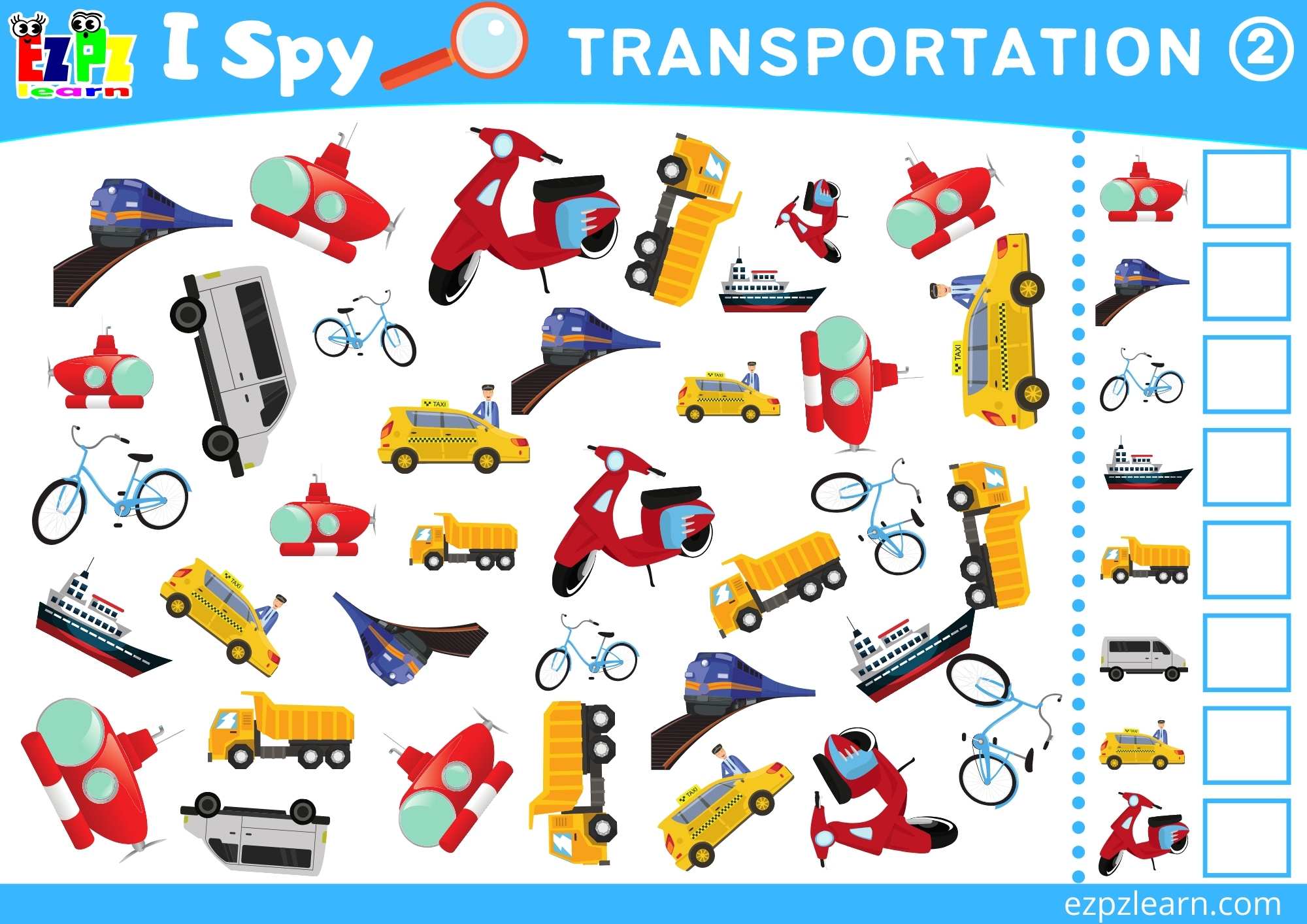 Transportation 2 Topic I Spy Game for kids Free PDF Download